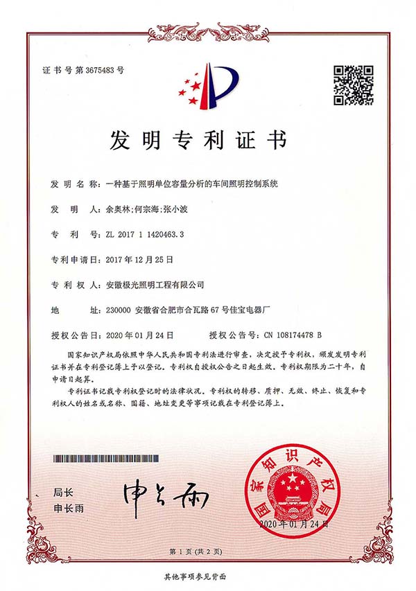 發明專利證書（shū） * 一種基（jī）於照明單位容量分析的車間照明控製係統