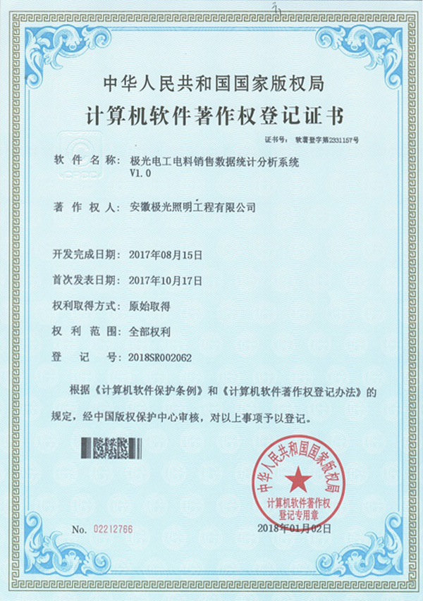 軟（ruǎn）著證書 * 極光電工（gōng）電料銷售數據統計分析係統V1.0